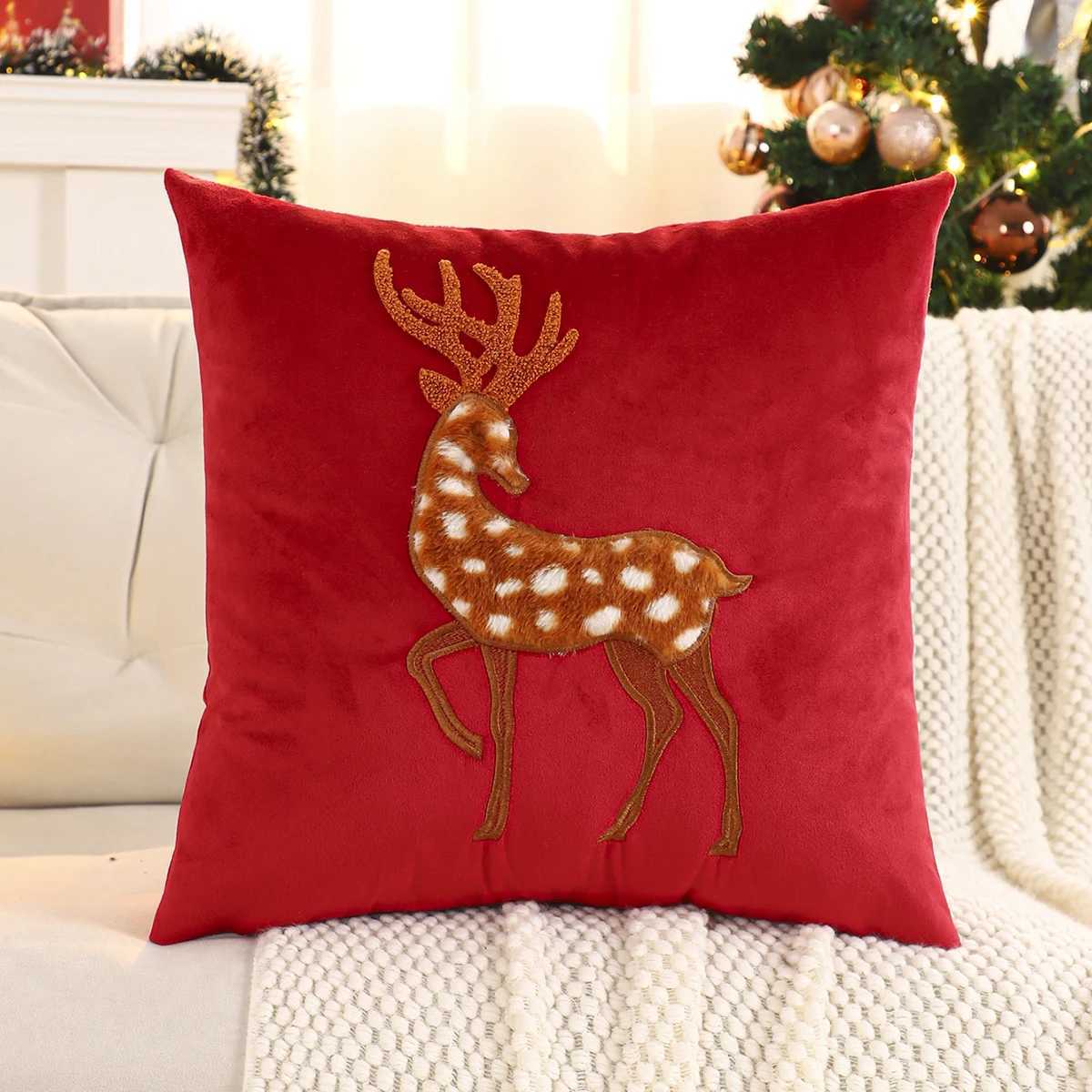 1 PC Christmas Deer Throw Pillow Cover Velvet Embroidery Christmas Decoration Living Room Y251105