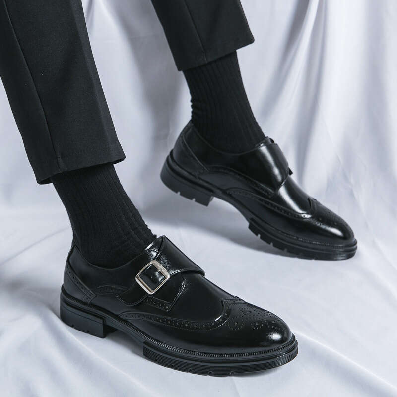 Large Block Leather for Men's 38-46 Business Dress Buckle Thick Sole Heightened Dad's Driving Shoes