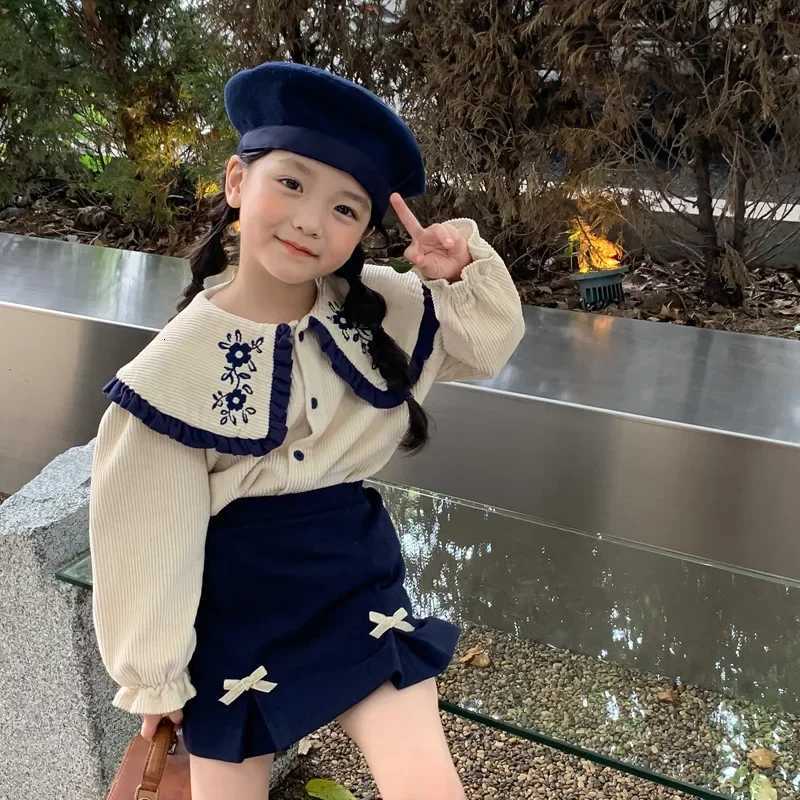 Childrens Sets Floral Embroidered Girls 2-Piece Set Lapel Shirt Skirt Outfit Baby Kids Clothing Cute Toddler Spring Set Y251105