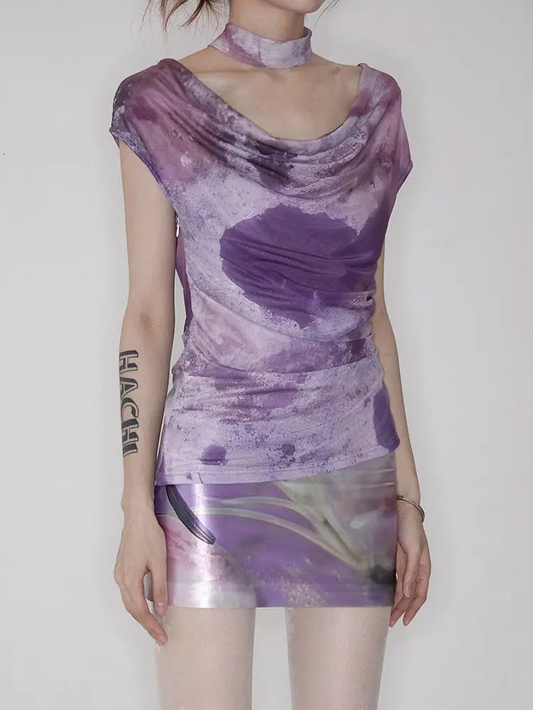 Womens clothing purple flower printed acetate fabric summer sexy ultra-thin low Fanny Pack Hip Skirt Culottes ropa de mujer 250402