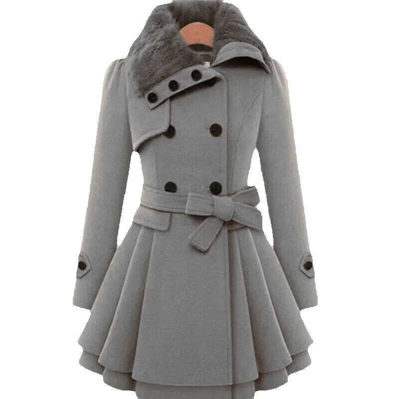 Women's Jacket Windbreaker Warm Plush Thick Clothes Double Breasted Belt Autumn and Winter Korean Style Slim Lapel Coat