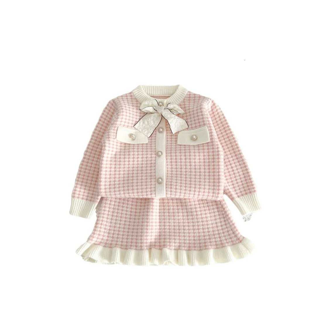 2025 Autumn/Winter New Childrens Sweater Sets Girls Big Bow Style Elegant Knitted CardiganShort Skirt Baby Clothes Set 2pcs Y251105