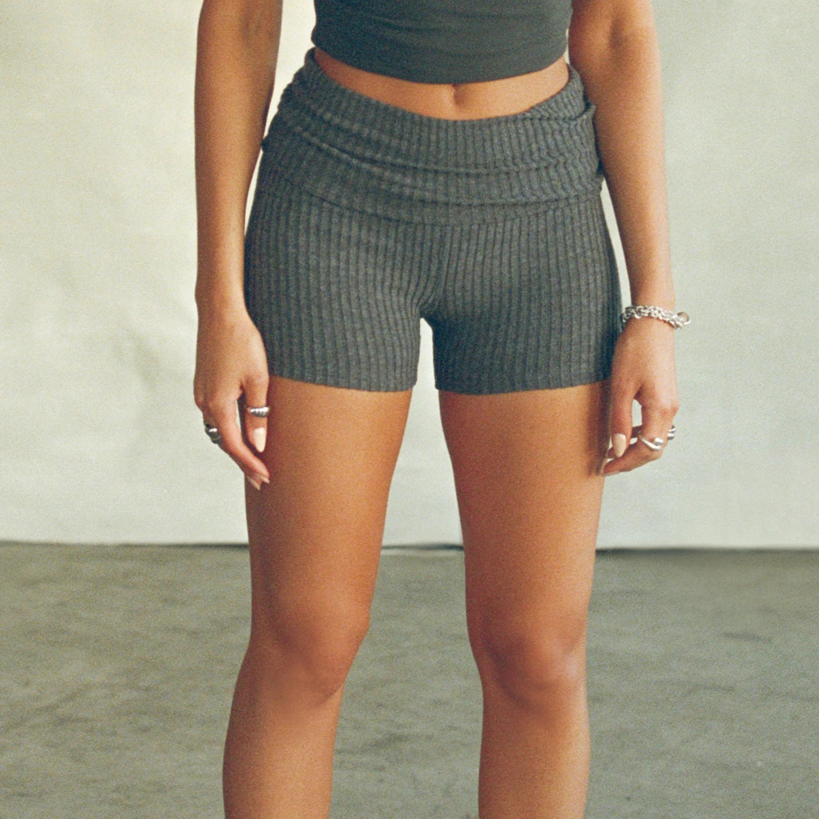 Summer ultrathin knitted womens shorts solid color ribbon folding waist tight yoga daily wear 250401