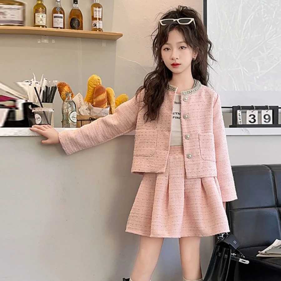 2025 Girls Outfits Set Chic Tweed Jacket Skirt Two Pieces Teen Children Costumes Stylish Spring Autumn Kids Clothes10 12 Years Y251105