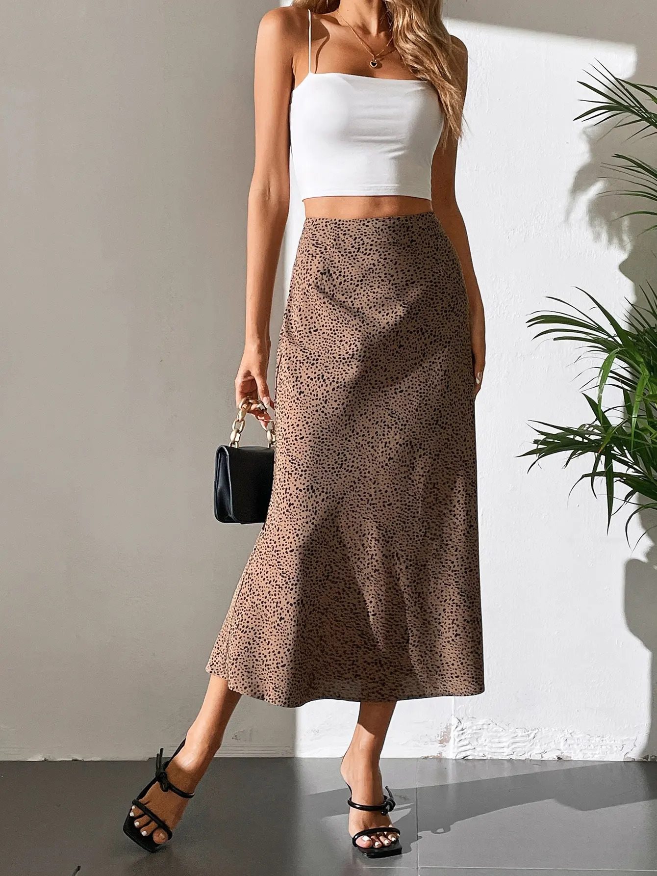 Early Fall Vintage Arty Print Polka Dot Leopard High Fanny Pack Hip A-line Straight Chiffon Skirt 250402