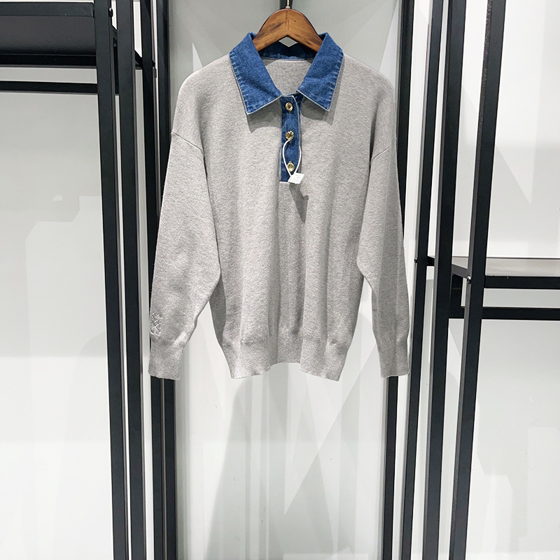 Women's Sweaters Knit Sweater Embroidery polo sweater Denim Splice Turn-down Collar Long Sleeve Female Pullover With Buttons Autumn Winter design