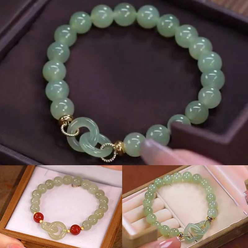 Fashion Double Ring Interlocking Hetian Jade Beaded Female Ins Style Love Safety Buckle Bangle For Bestie Birthday Gift C251105