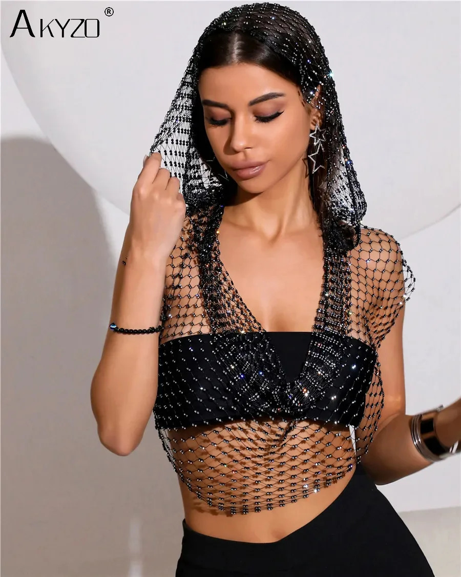 Sexy deep V-neck backless womens vest shiny rhinestone hollow see through fishnet cover tank top carnival crop top 250403