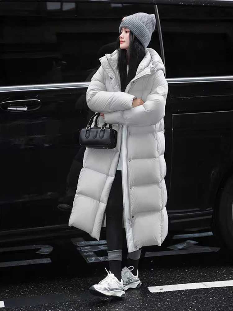 Winter Waterproof Puff Hooded Down Jacket Female Zipper Long Parker Outwears Women White Duck Down Warm Knee Length Down JacketsT251105