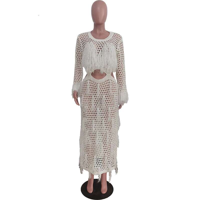 Women's Fashion Long Sleeves Knitted Female Hollow Out Tassel Casual Dresses Spring New Arrival 33A3872