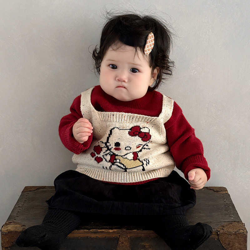 Sanrio Girls Autumn Winter Fake Two-Piece Sweater 2025 New Korean Style Baby Cute KT Cat Knitted Top Infant Stylish Top H251105