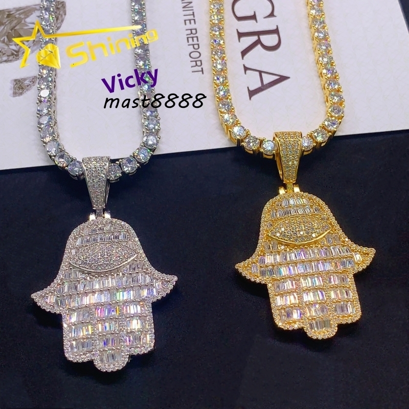 Shining Jewelry Ready to Ship 925 Sterling Silver Hip Hop Iced Out Vvs Moissanite Hamsa Pendant Necklace