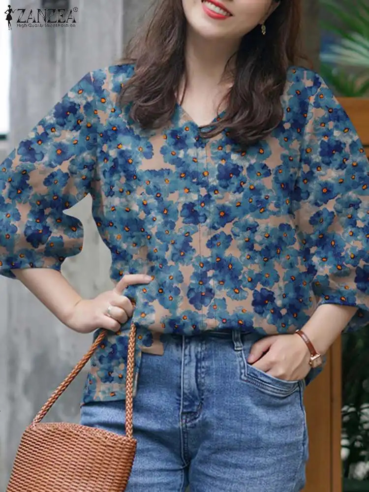 Vintage Party Holiday Blouse ZANZEA Women Bohemian Floral Printed V Neck 3/4 Sleeve Shirt Blusas Spring Casual Loose Tunic Tops 250325