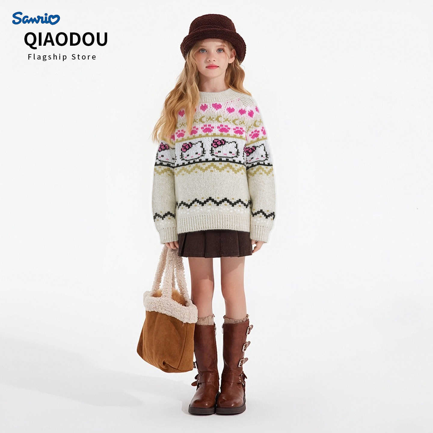 Sanrio Girls Sweater Autumn Winter 2025 New Stylish Childrens Winter Thickened Warm KT Cat Knitted Base Shirt H251105