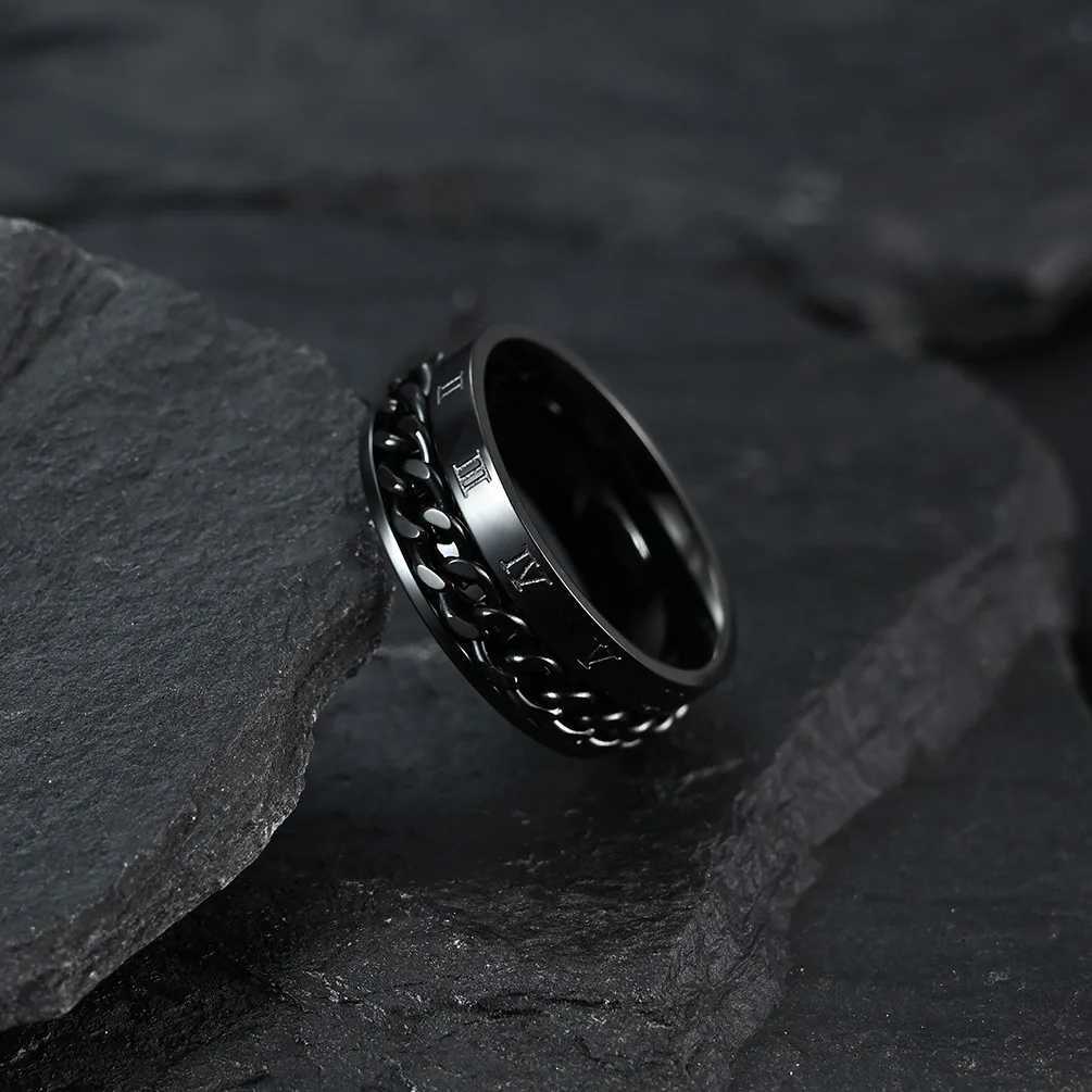 Roman Numerals Stainless Steel Chain Rotating Anxiety Black Rings For Men Fidget Metal Spinner Knuckle Ring Anillos De Hombre Z250407