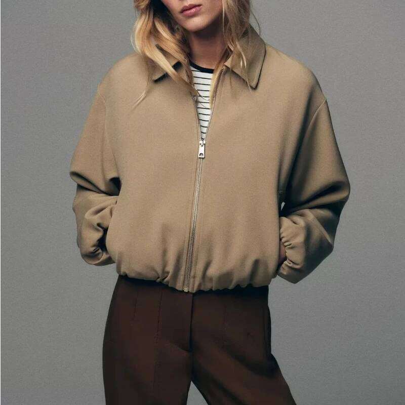 Autumn Winter Women Short Jacket Coat Zipper Pocket Outerwear Female Lady Streetwear Khaki Black Tops