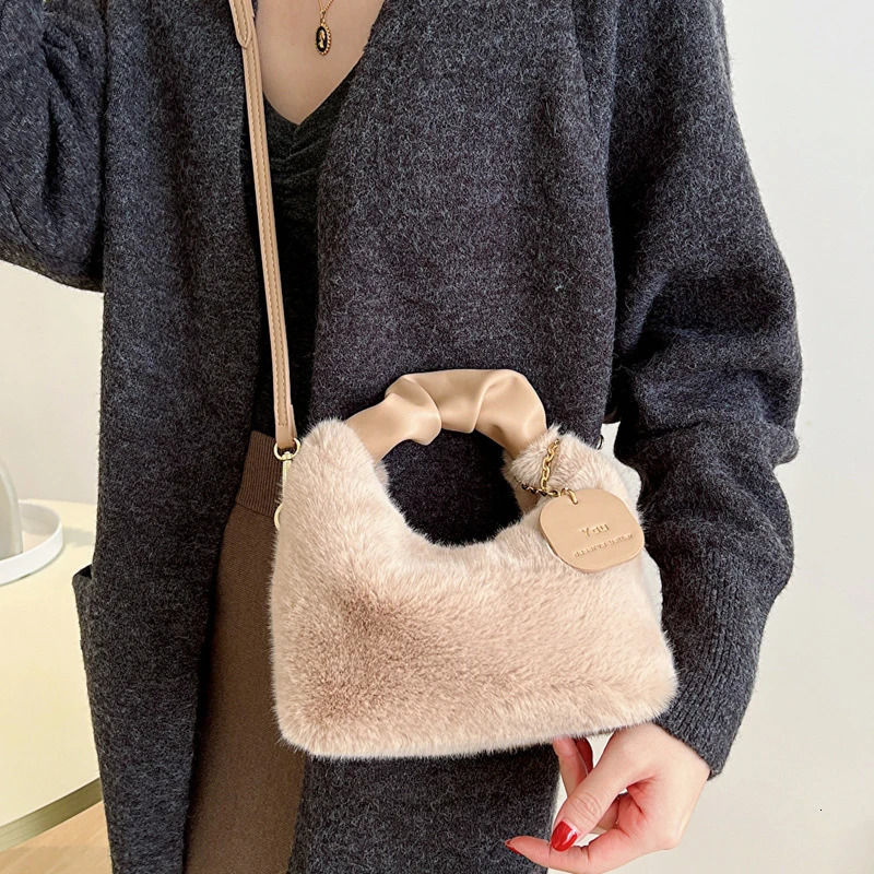 Womens artificial fur plush handbag Ruched handle small womens shoulder cross body bag casual half moon homeless winter 250401