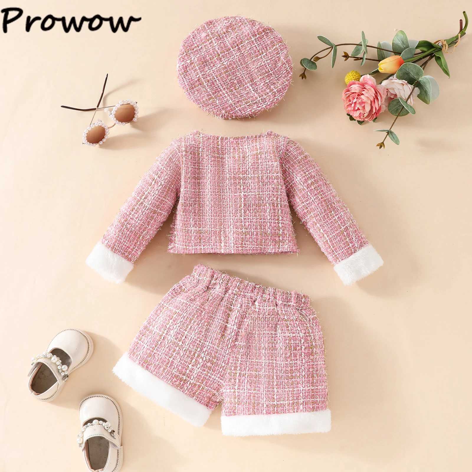 Prowow 0-3Y Baby Tweed Set For Girls Spring Autumn Faux Pocket Jacket Shorts With Beret Three Piece Outfit Kids Baby Clothes Y251105