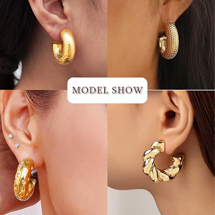 8 Pairs Chunky Hoop Earrings Sets for Women Lightweight Twist CZ Open Huggie Hoops Minimalist Thick Cartilage Hollow Earring Piercing Jewelry Gift Gol
