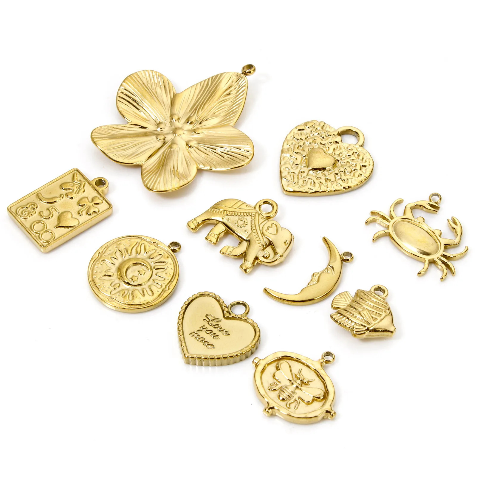 2 pieces of 304 stainless steel charming fish heart flower goldplated mini pendant DIY necklace earrings suitable for womens jewelry making 250325