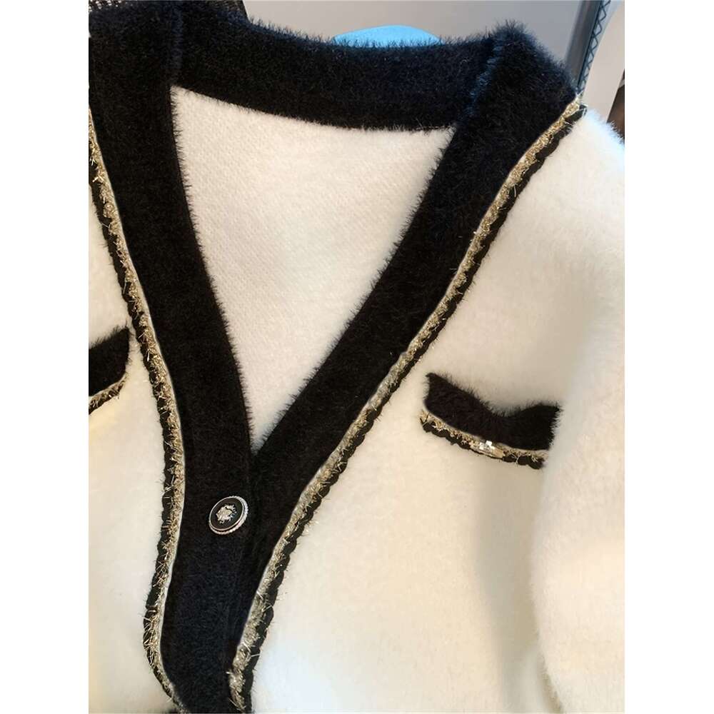 Elegant V-Neck With Button Details - Chic Faux Mulberry Fur Sweater Women, White & Black Contrast Design, Perfect For Fall/Winter, Cozy Cardigan