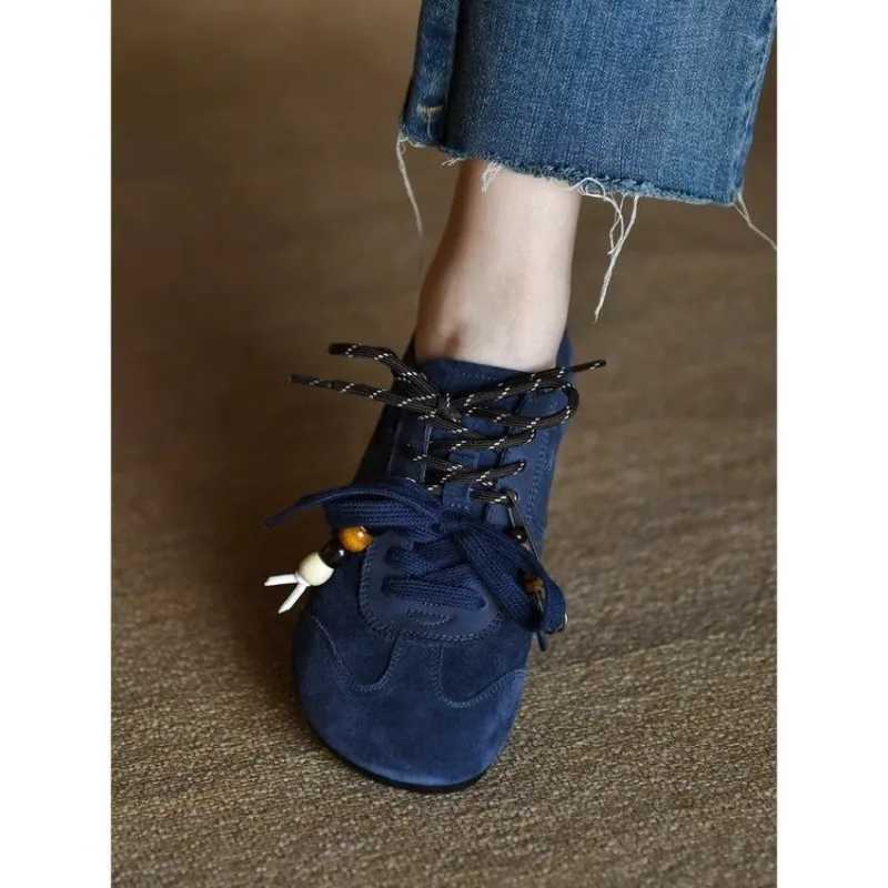 Lace-up Single Shoes Autumn New Round Toe Deep Mouth Spld Suede Soft Sole Non-Slip Flats Y251105