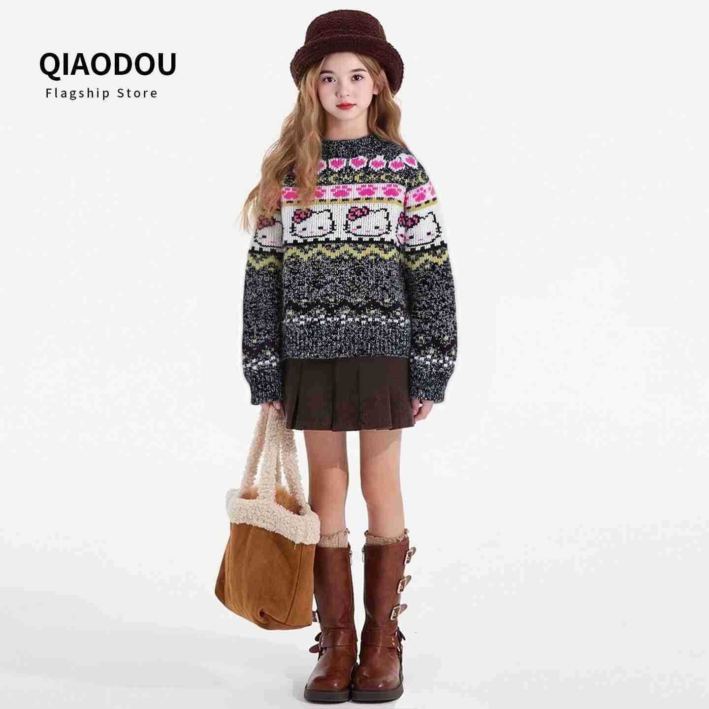 Sanrio Girls Sweater Autumn Winter 2025 New Stylish Childrens Winter Thickened Warm KT Cat Knitted Base Shirt H251105