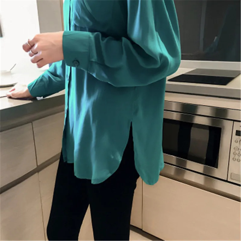 Blusa Womens Shirt Elegant Red Green Satin Shirt Collar Womens Formal Office OL Shirt Womens Top PZ1149 250402
