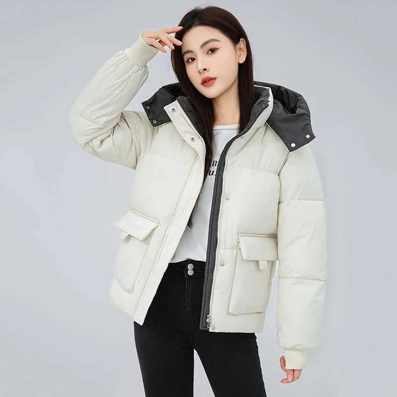 Fashion Mixed Color Stand Colalr Parkas Women Winter Warm Hooded Cotton Padded Jacket Woman Zip Long Sleeve Down Cotton CoatsT251105