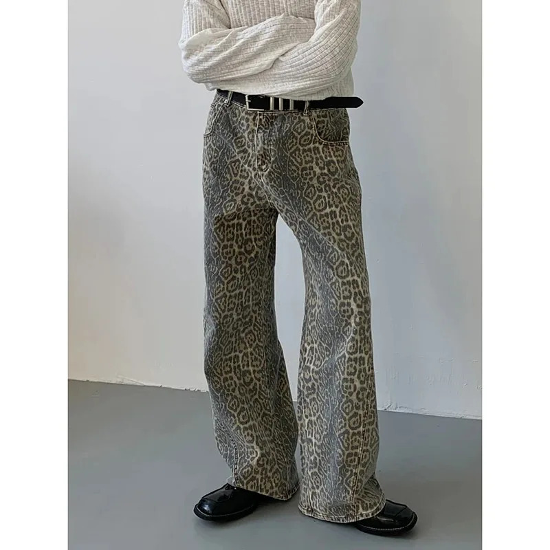 Womens jeans leopard print high waisted hiphop straight fashion pants streetwear Harajuku Y2K style womens wide leg denim shorts 250403