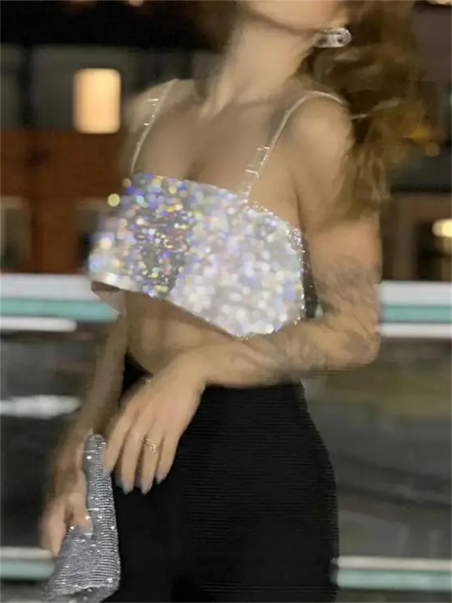 WSEVYPO Fashion Shining Italian Strap Vest Shining Bandeau Tube Top Fashion Women Strap Crop Top Party Club Street Top 250403