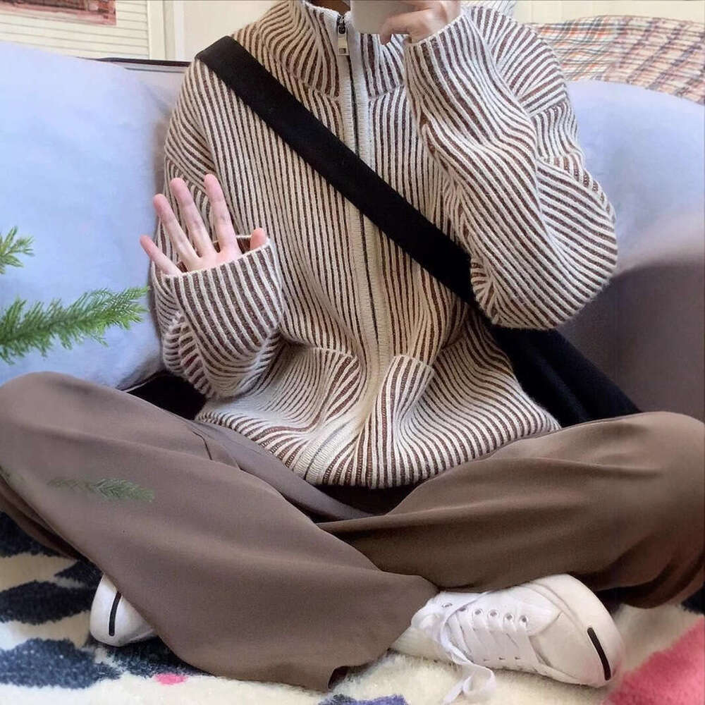 Autumn Winter New Vertical Striped Textured Cardigan Sweater Unisex Simple Plus Size Turn-Down Collar Zipper Knitwear B5