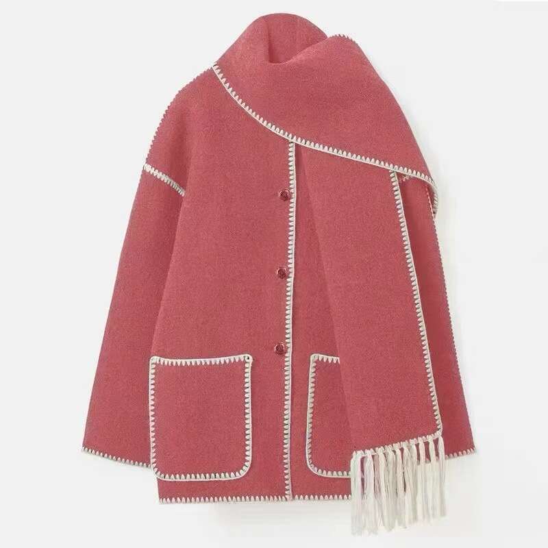2025 Autumn Winter New Fashion Woolen Coat Thick Loose with Scarf Tassel Women's Style