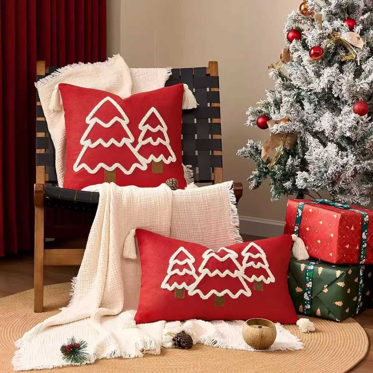 2pcs Christmas Pillowcase Christmas Tree Polyester Embroidery Cushion Pillow Cases Throw Pillows Decorations for Home Y251105