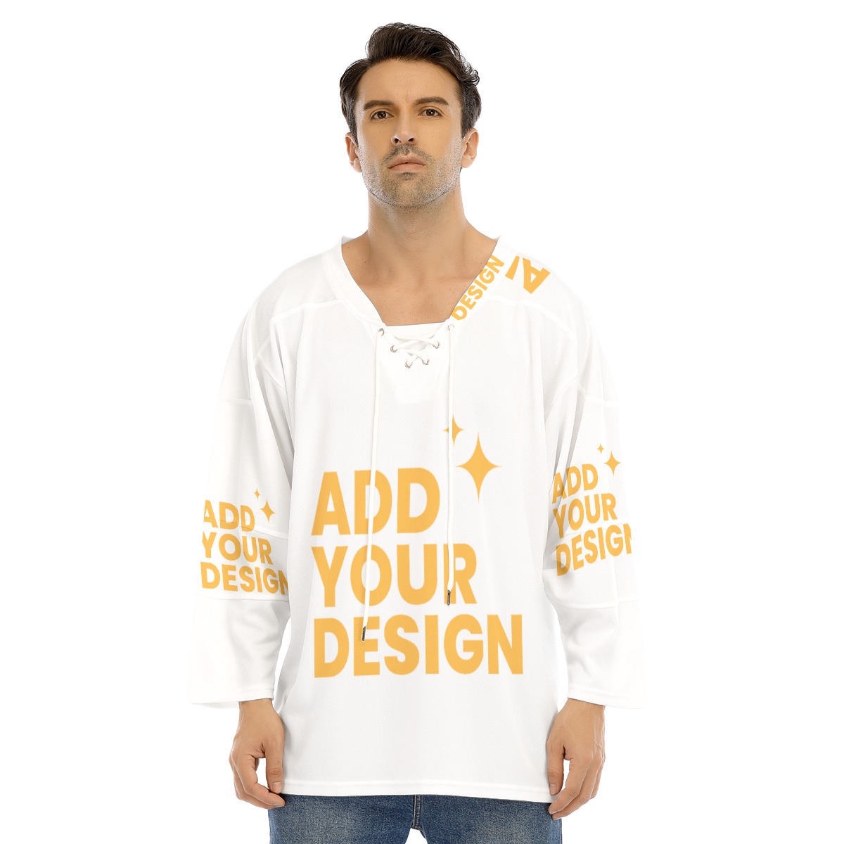 Men's Hockey Jersey All-Over Print, Long Sleeve Crew Neck Sports Shirt with Drawstring, Custom Team Uniform 100% Polyester