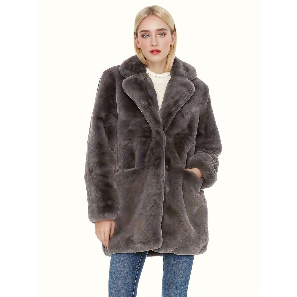 Women's Elegant Mid-Length Faux Fur - Long Sleeve, Button-Up Front, Pockets, Non-Stretch Fabric, Solid Color, Winter Coat For Fall & Winter, Casu