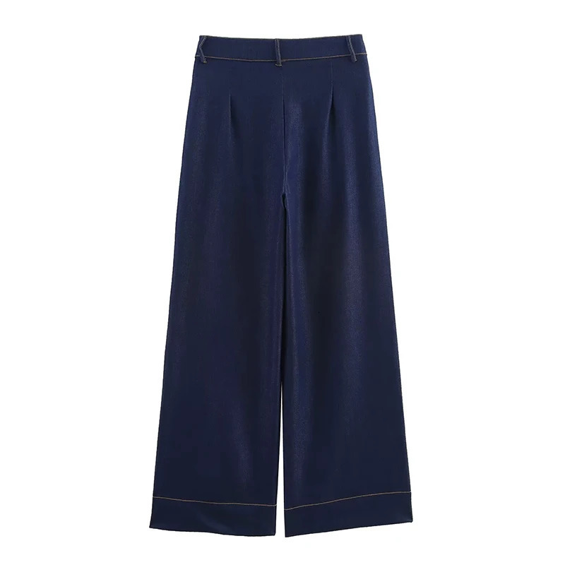 Willshela Womens Fashion Denim Blue Folded Front Zipper Straight Pants Jeans Retro High Waist Full Length Trouser 250403