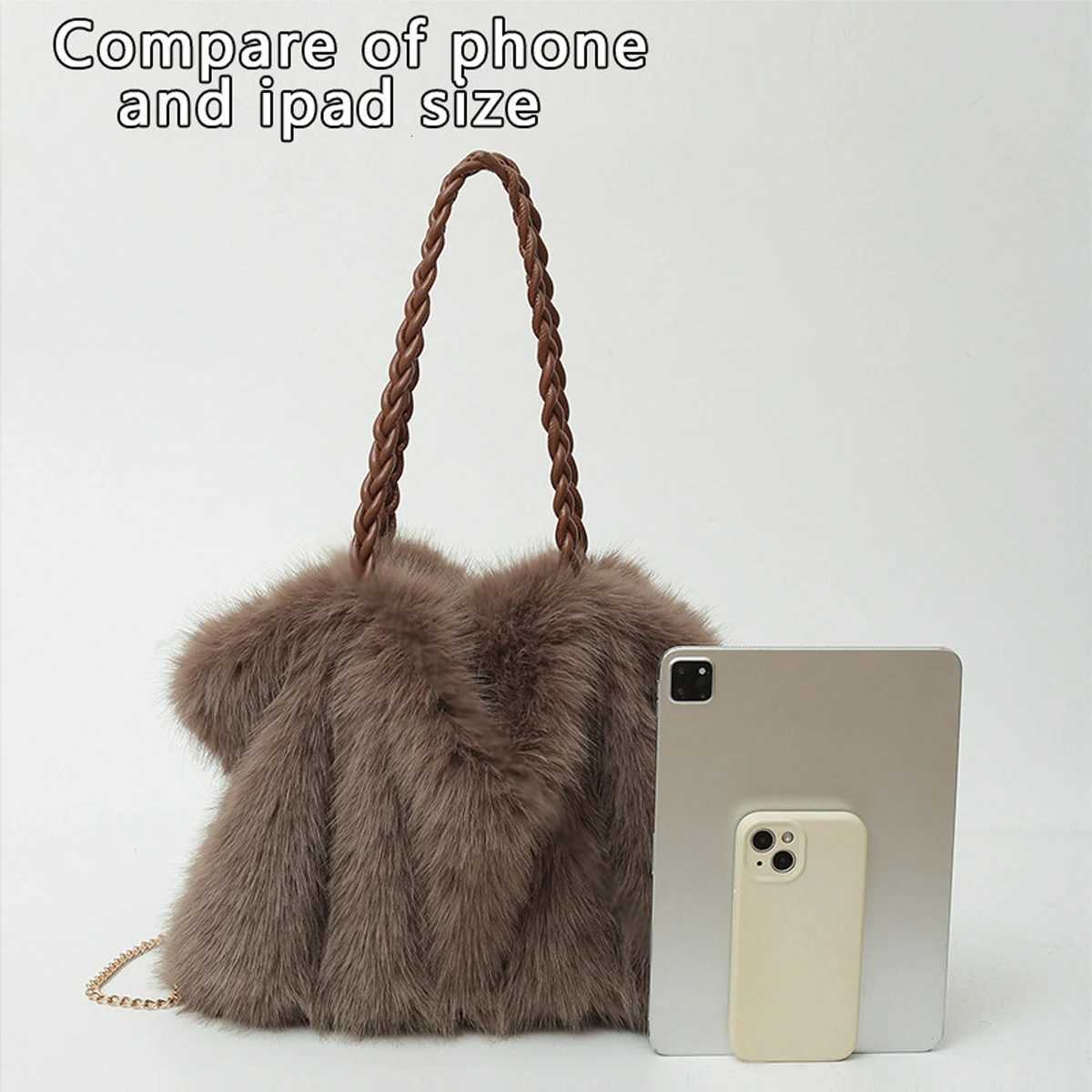 Womens Fashionable Plush Large Capacity Tote Bag High-end Pleated Fox Fur Shoulder Crossbody Bag Commuter Bag with Metal Chain Z251104