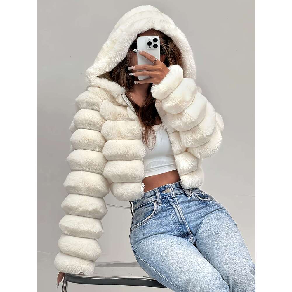 Women's Winter White Plush With Hood Oversized Jacket, Thick Luxurious Cold Weather, Hine Washable Outerwear No Dry Clean, Cozy Jacket For Partie