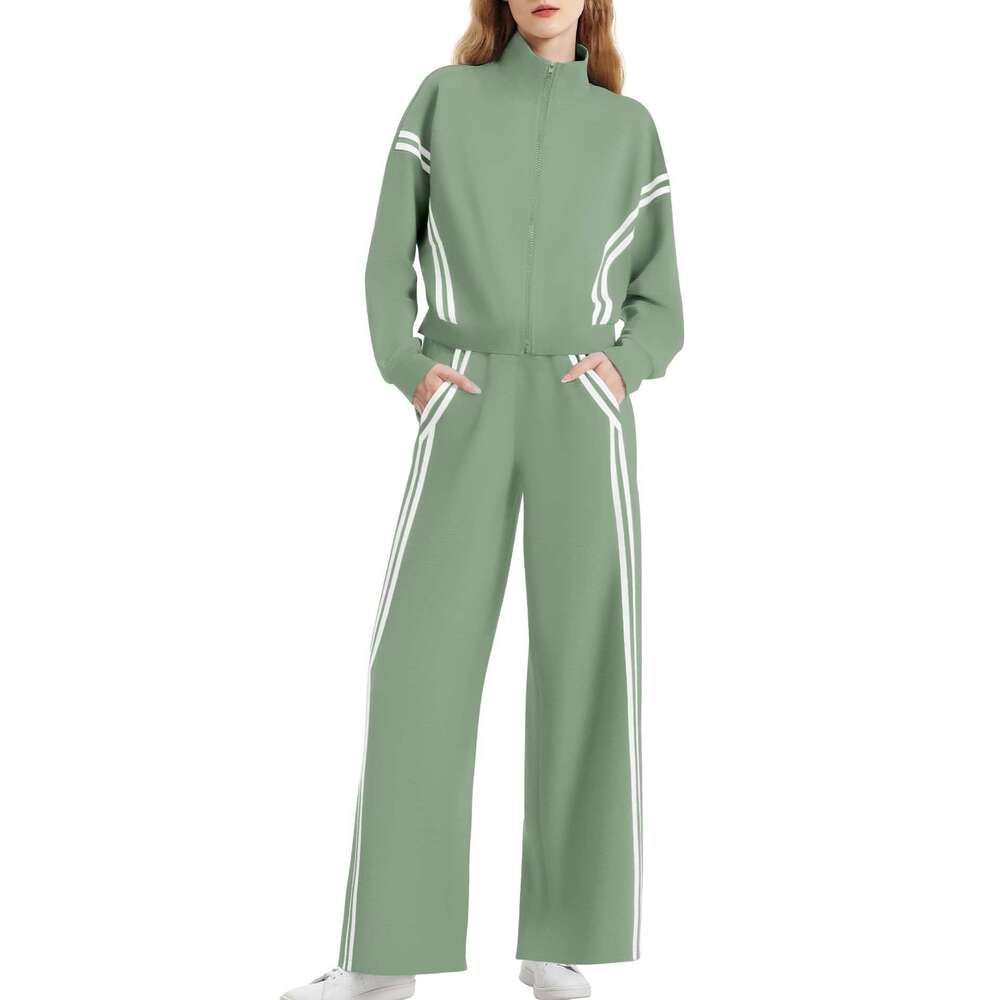 Cross-Border Ladies Two-Piece Casual Wear Zipper Sports Suit Contrast Color Stripe Wide-Leg Jogging Pants Travel Sportswear