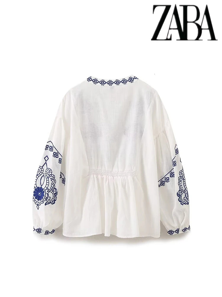 TRAF Womens Ethnic Style Embroidery Literature Long Sleeve Shirt Vintage Temperament V-Neck Womens Fashion Loose Peplum Shirt 250325