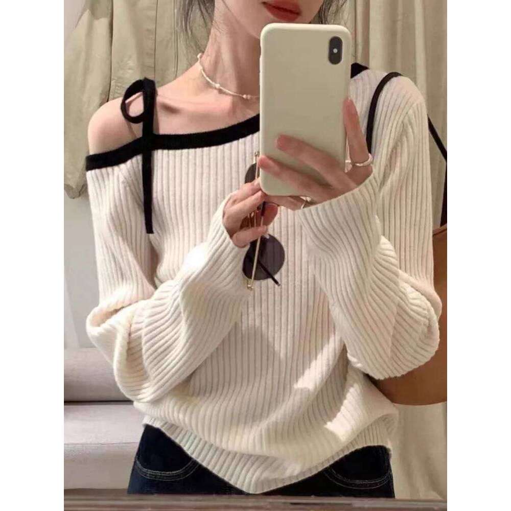 Fashion Autumn Women Knitted Top Pullover Off-Shoulder Sweater Elegant Korean Style Knitwear Long Sleeve Casual Fall Clothing Women Sweater Designer S