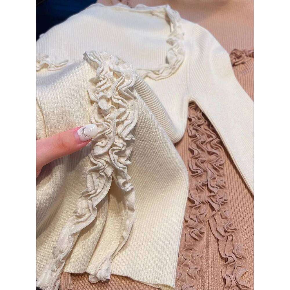 Lace Ruffles Sweater Autumn Long Sleeve Ribbed Slim Fit Tops Elegant Sweet Knitted Pullovers Solid Color Square Collar Sweaters Designer Sweater Bear 