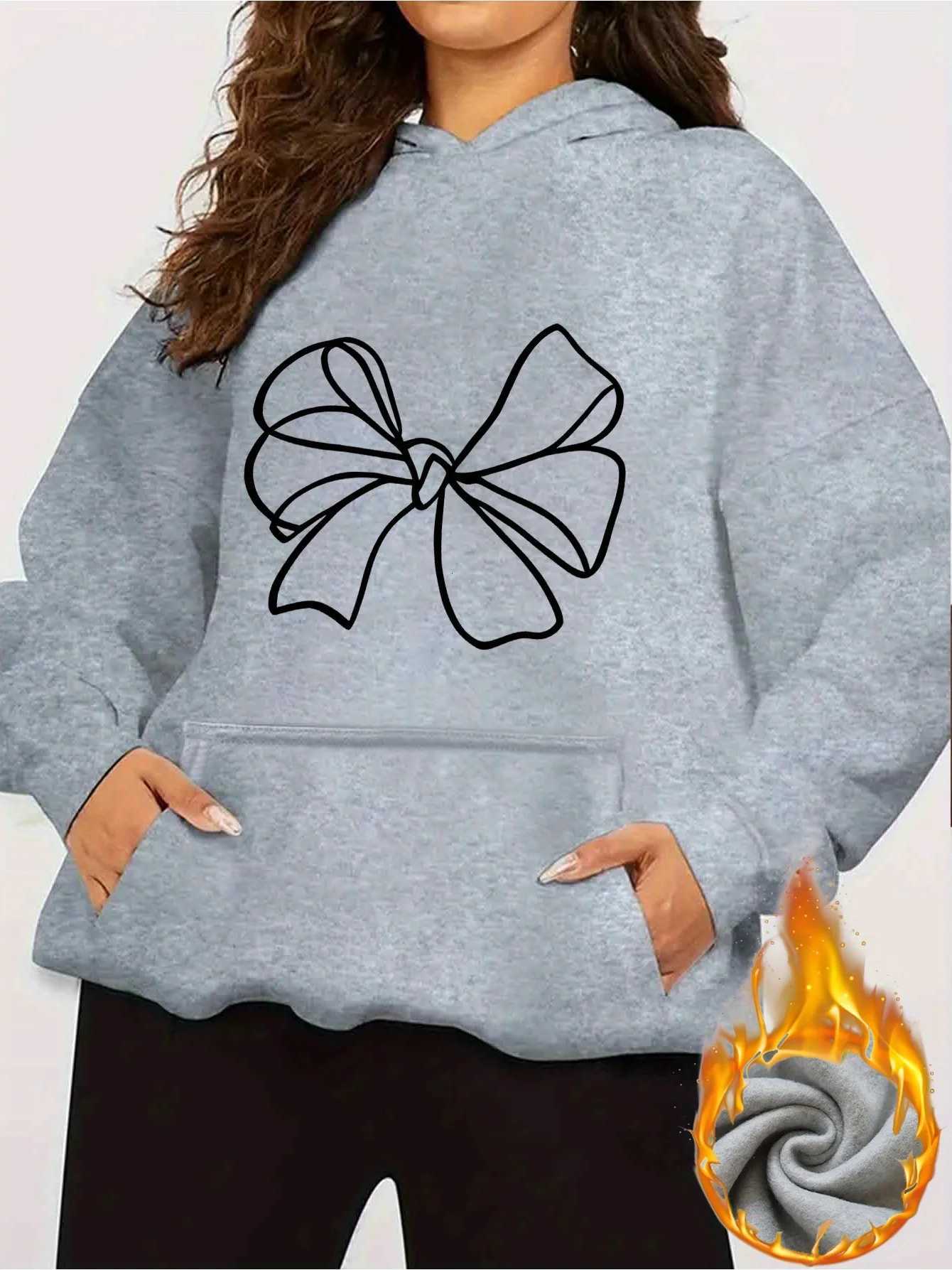 2025 Autumn and Winter Womens Hooded Sweatshirt Soft Pullover Casual Wear Simple Design Line Bow Pattern Fashion Y2K Top RetroT251105