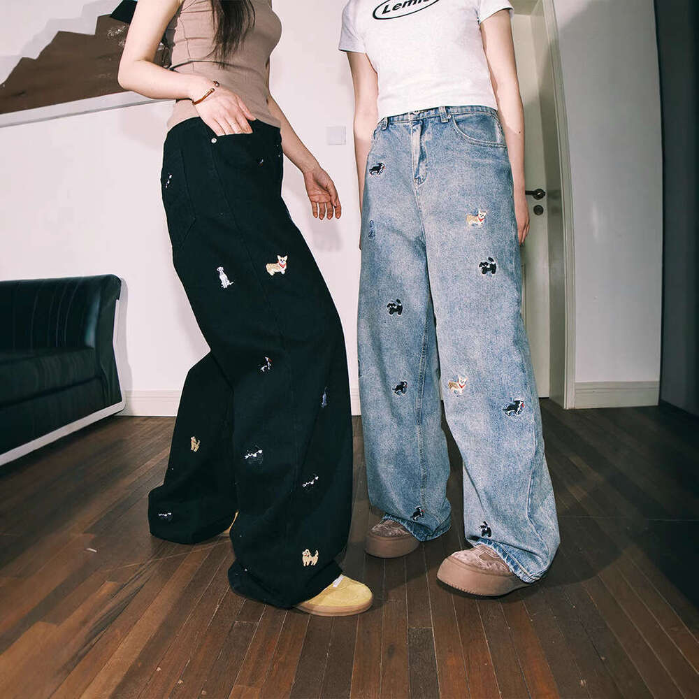 Cartoon Puppy Embroidery Fashion Jeans For Men, Fashionable Spring Couple Straight Pants, Loose Niche Casual Pants B5