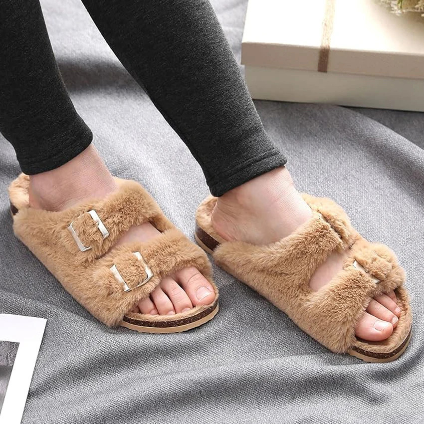 Shevalues Fuzzy Slippers Women Cork Footbed Fluffy Slide Sandals Open Toe Indoor House Shoes With Arch Support Adjustable Buckle 251031