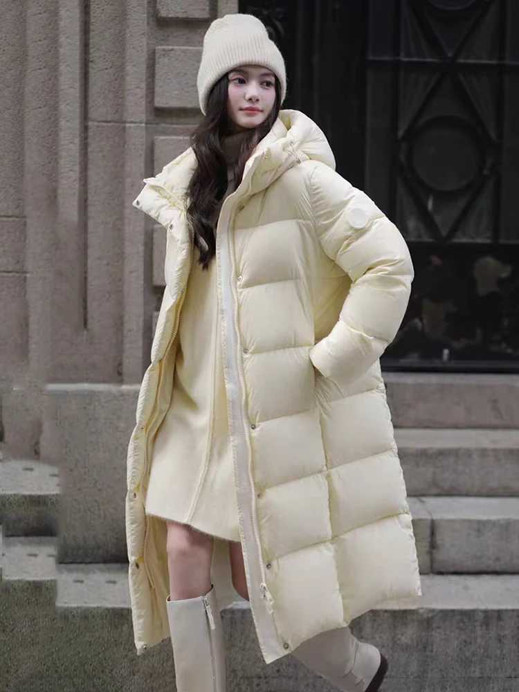 Winter Waterproof Puff Hooded Down Jacket Female Zipper Long Parker Outwears Women White Duck Down Warm Knee Length Down JacketsT251105