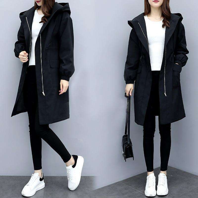 Fleece-Lined Thickened Trench Women, Mid-Length Jacket Autumn And Winter , Hooded Coat For Students, Korean Style Loose Cotton Clothing B5