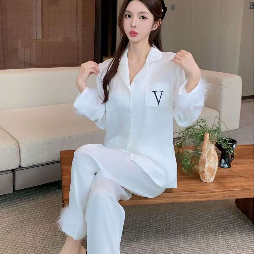 Women's Pajamas Spring and Autumn Ice Silk Plus Size Cardigan New High-end Light Luxury Feather Long Sleeve Homewear Two-piece Pyjamas Set
