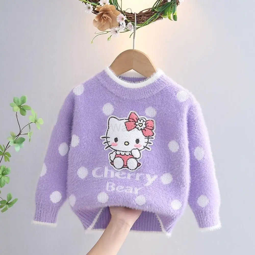 Sanrio Hello Kitty Girls Sweater Round Neck Pullover Knitted Sweater Fashion Anime Cotton Coat Kids Jacket Bottoming Shirt Gift H251105